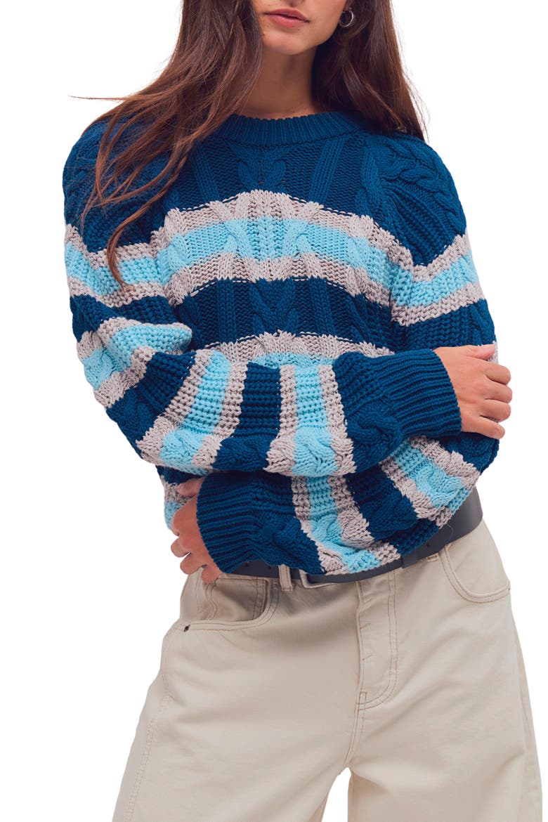 Frankie Stripe Cable Stitch Cotton Sweater, Main, color, TEAL COMBO