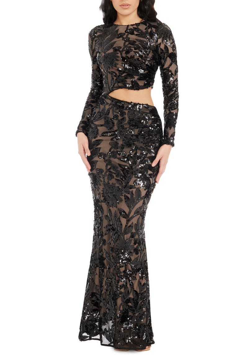 Candace Floral Sequin Cutout Long Sleeve Mermaid Gown, Main, color, BLACK-BEIGE
