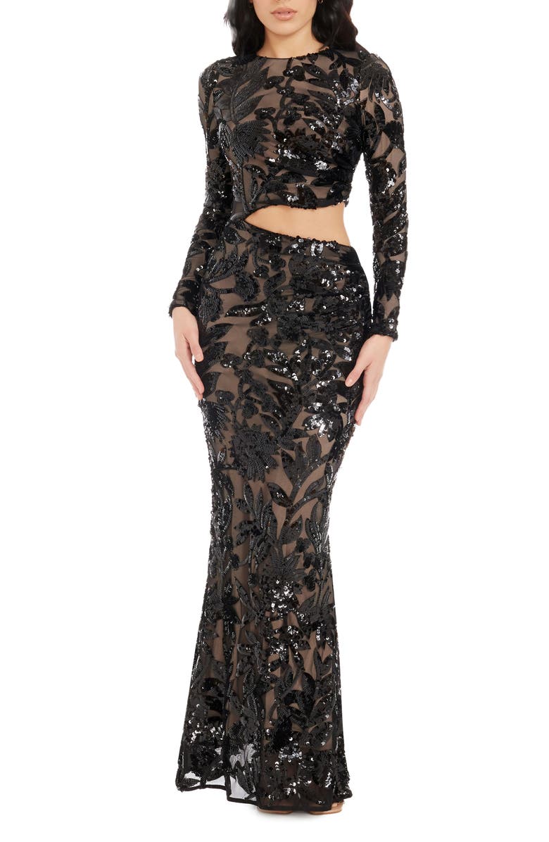 Dress the Population Candace Floral Sequin Cutout Long Sleeve Mermaid Gown, Main, color, Black-Beige