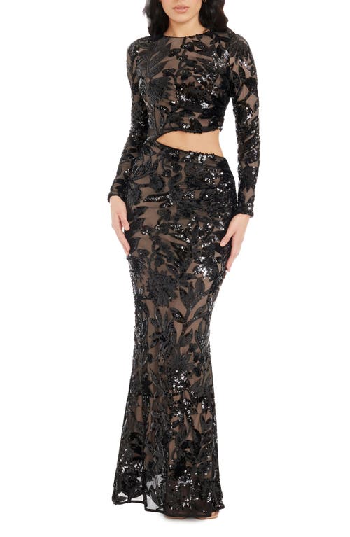 DRESS THE POPULATION DRESS THE POPULATION CANDACE FLORAL SEQUIN CUTOUT LONG SLEEVE MERMAID GOWN 