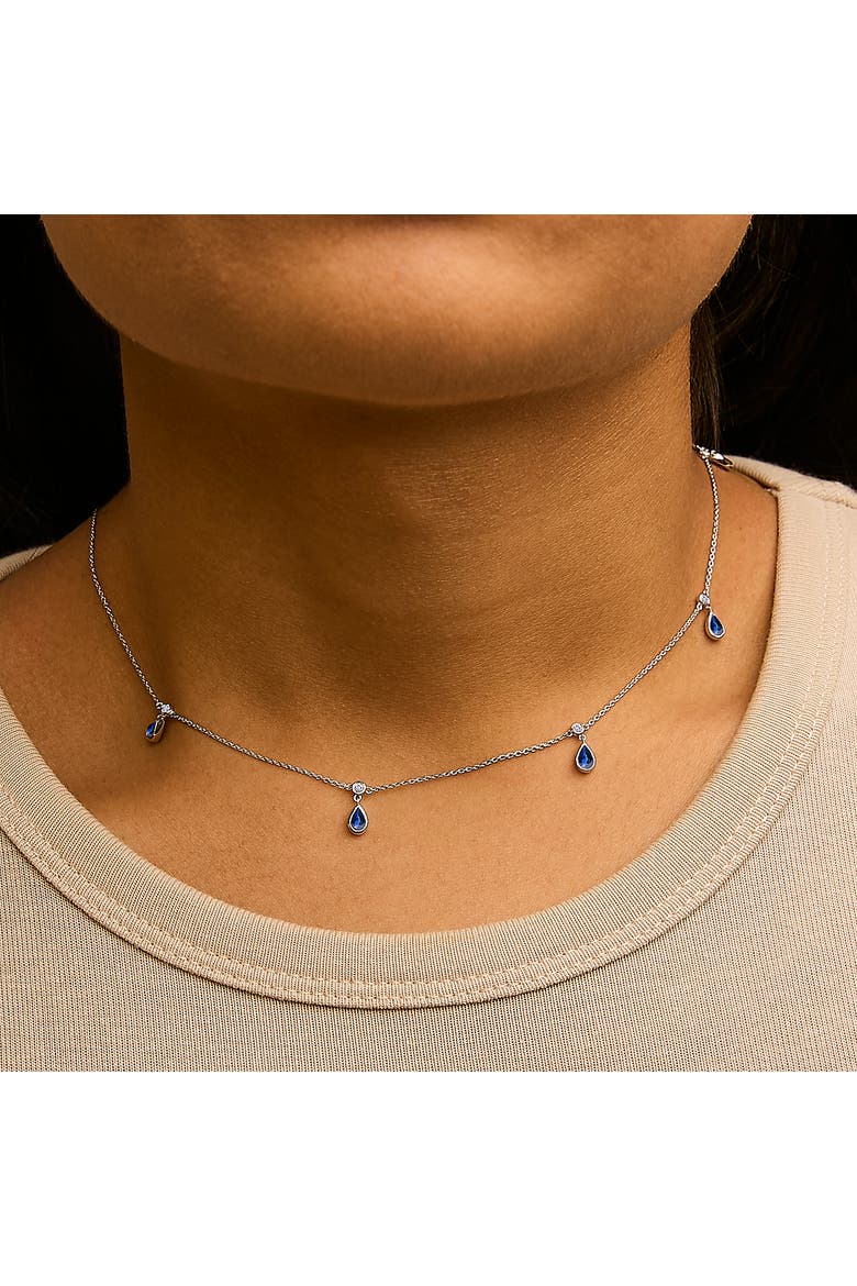 10K White Gold Dangling Blue Sapphire and Diamond Station Necklace, Alternate, color, White