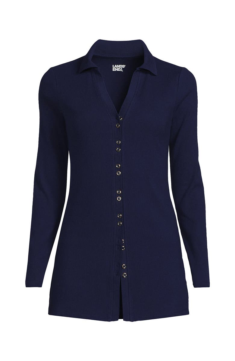 Lands' End Plus Size Long Sleeve Polished Rib Button Through Tunic Shirt, Alternate, color, Deep Sea Navy