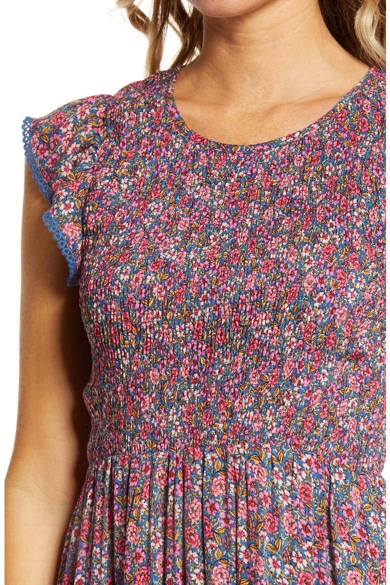 Orchid Print Smocked Midi Dress, Alternate, color, BLUE MULTI