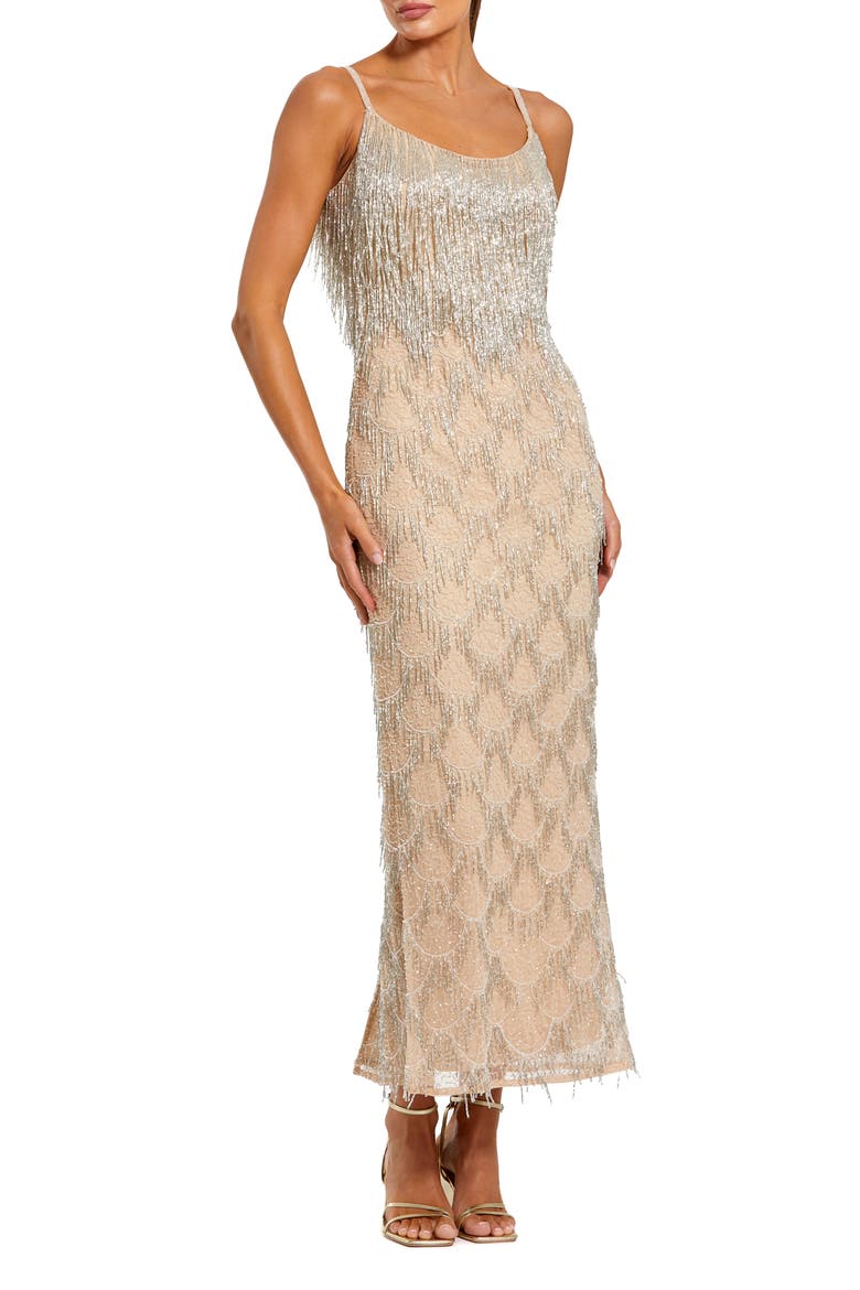 Thin Strap Fringe Beaded Mesh Dress, Main, color, Nude Silver