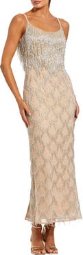 Mac Duggal Thin Strap Fringe Beaded Mesh Dress