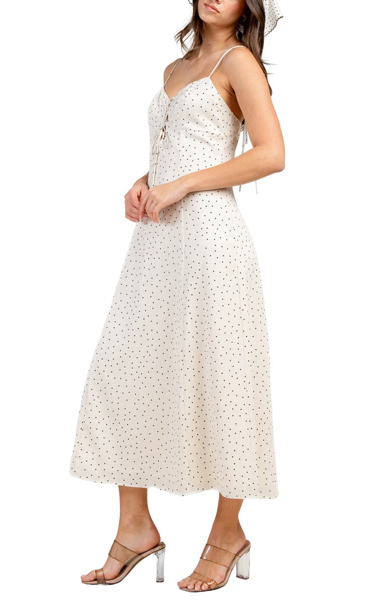 Beivy Lace-Up Polka Dot Midi Dress, Alternate, color, Ivory