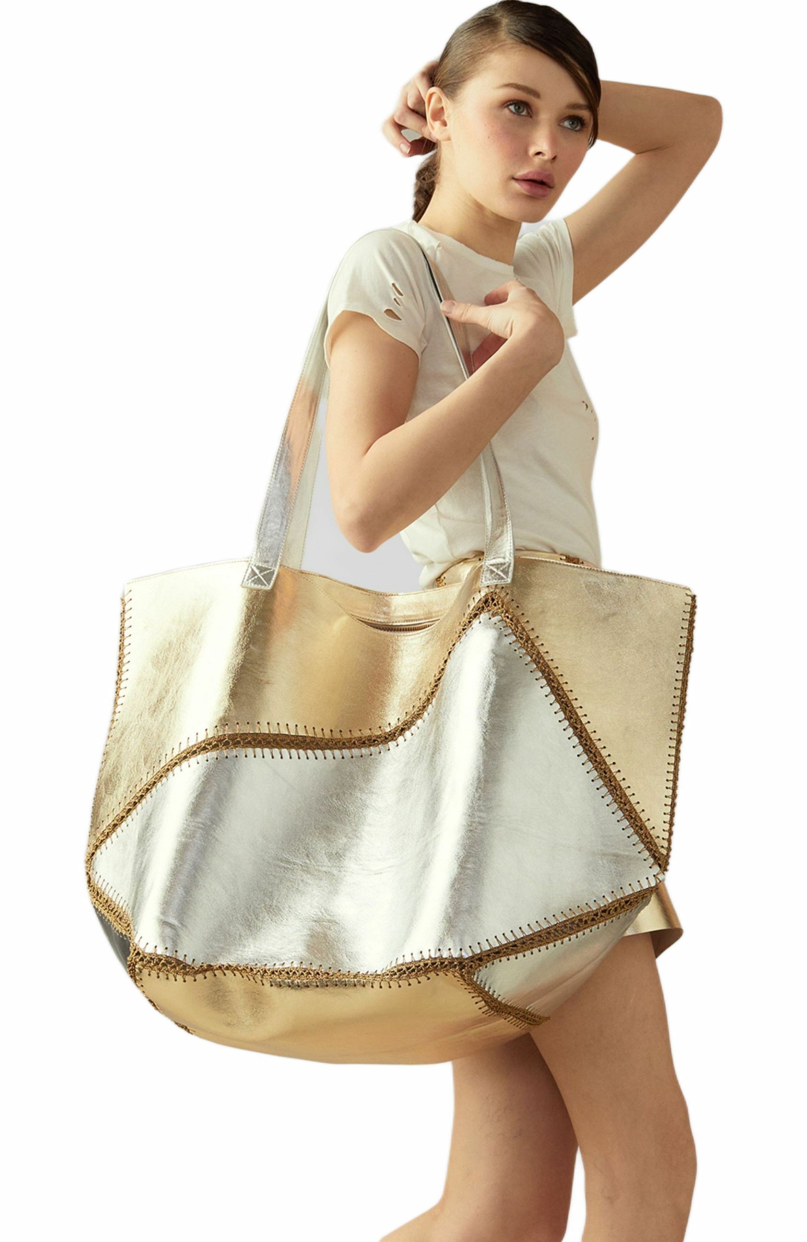 Cynthia Rowley Mixed Metallic Vegan Leather Oversized Tote, Main, color, 