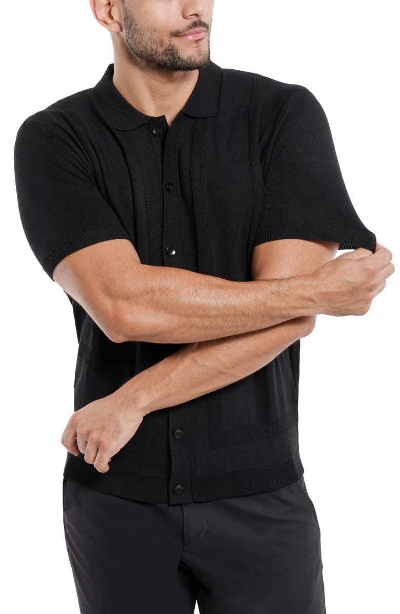 Spring + Mercer Textured Short Sleeve Button-Up Sweater, Alternate, color, Black