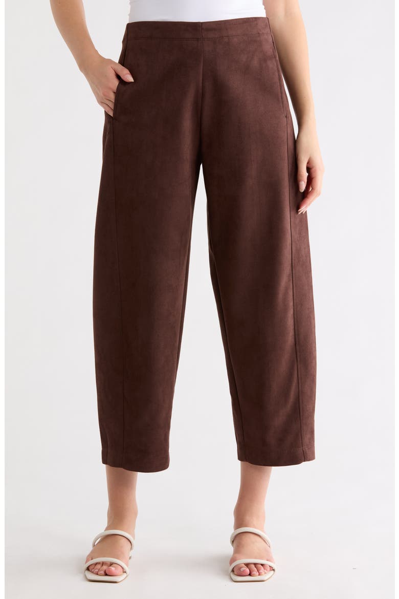 Faux Suede Barrel Pants, Main, color, DARK BROWN