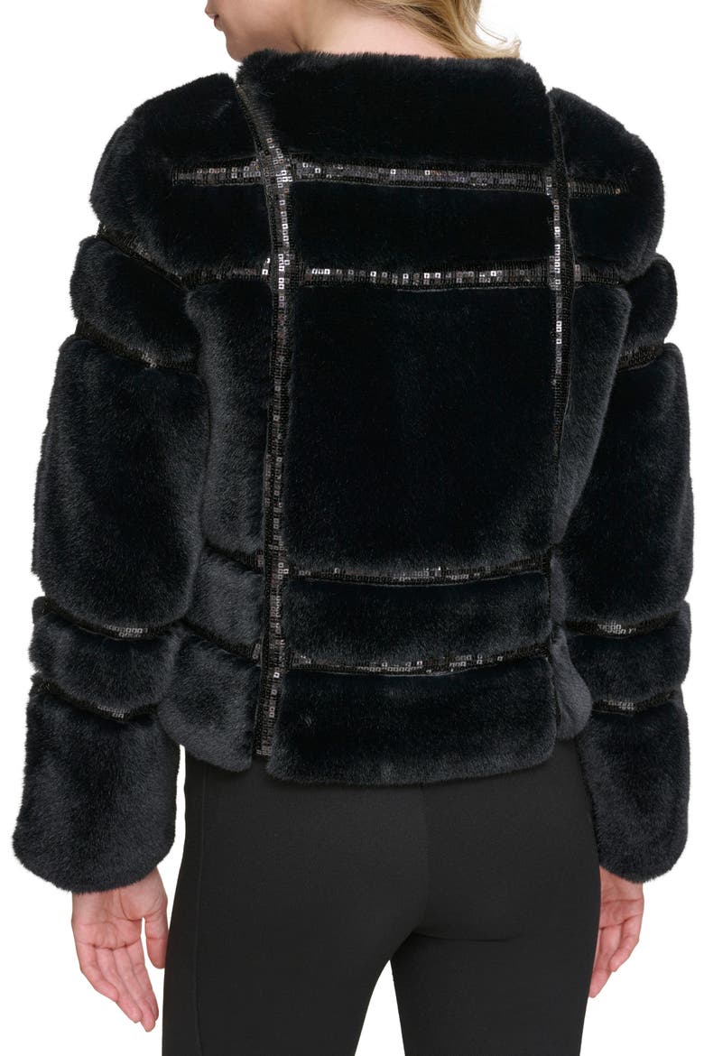 Sequin Quilted Faux Fur Jacket, Alternate, color, BLACK
