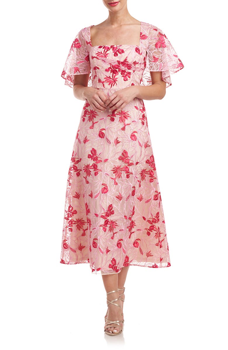 js collections floral embroidered cocktail dress Isabeau Neutral Floral Embroidered Pleated Midi Dress main image 1