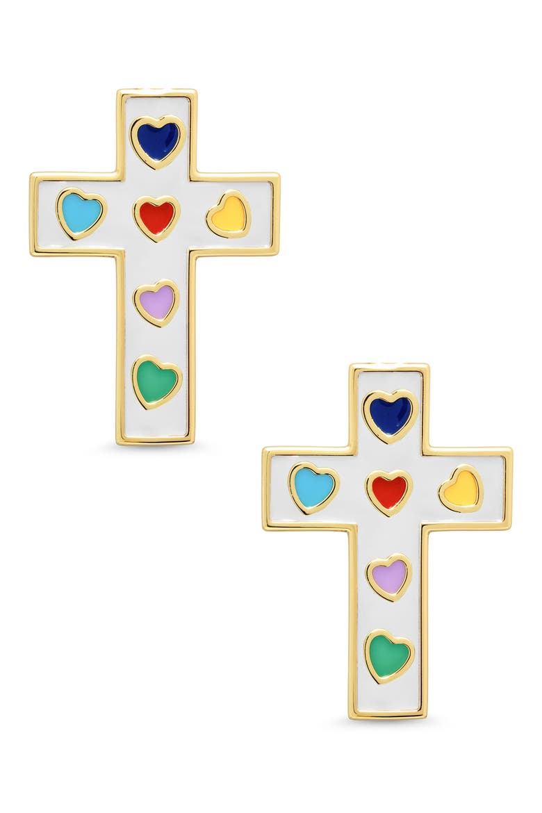 Kids' Cross Enamel Stud Earrings, Main, color, WHITE