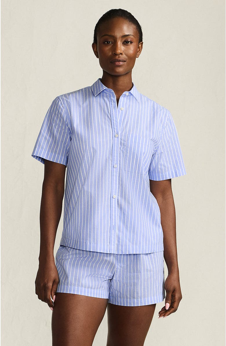 Lands' End Poplin 2 Piece Pajama Set - Short Sleeve Shirt and Shorts, Main, color, Crisp Blue Stripe