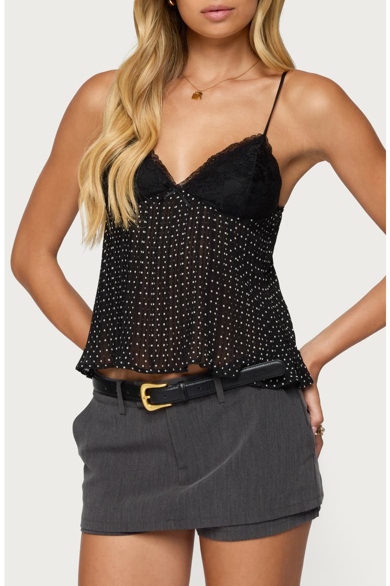Rhian Polka Dot Lace Trim Pleated Camisole, Alternate, color, BLACK