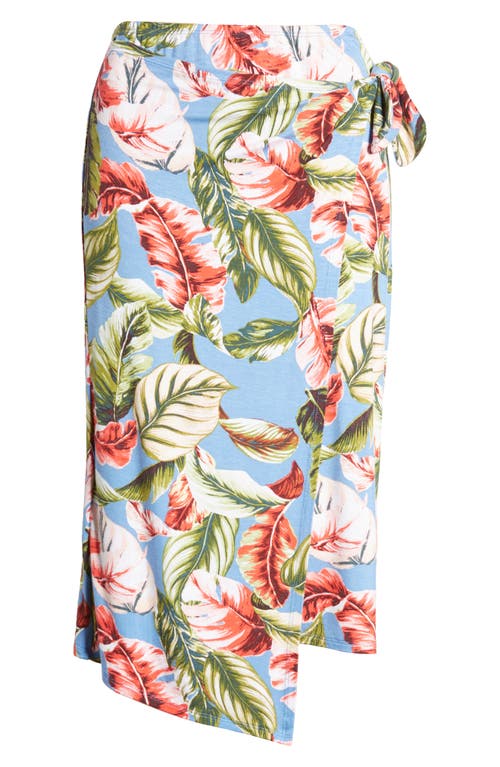 Loveappella Palm Print Faux Wrap Knit Midi Skirt In Blue