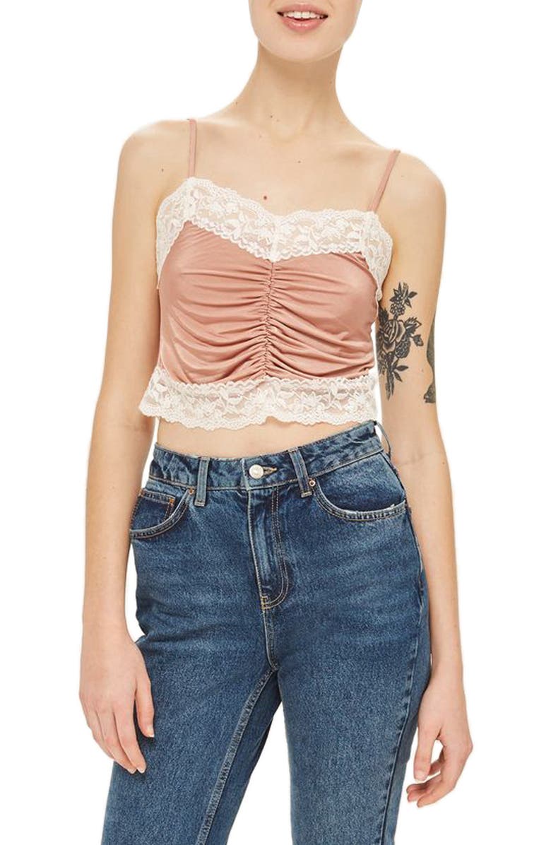 Topshop Ruched Satin & Lace Camisole, Main, color,