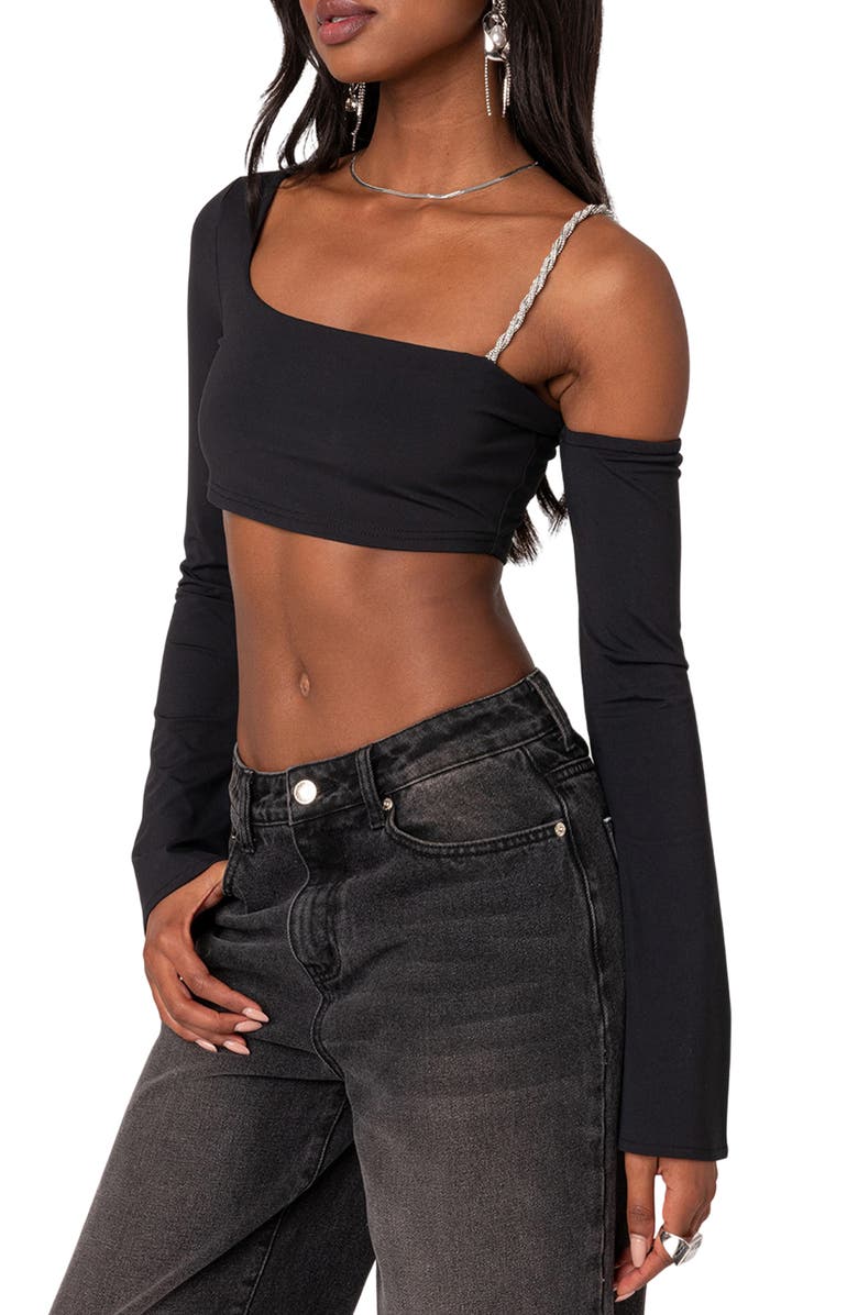 EDIKTED Embellished Strap Cold Shoulder Crop Top, Alternate, color,