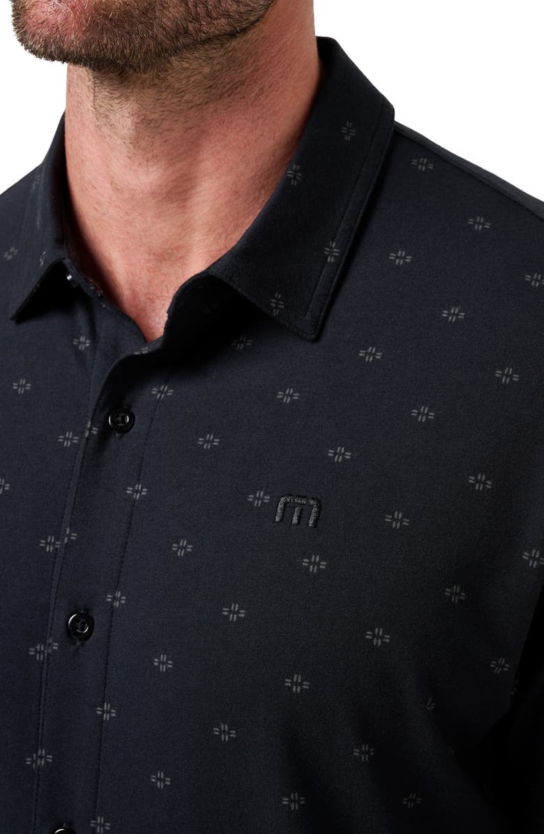 TravisMathew Shore of It Geo Print Short Sleeve Button-Up Knit Shirt, Alternate, color, Black