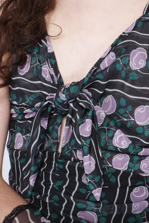 Anna Sui Rosetti Mesh Ruched Tie Dress In Black/lilac Multi