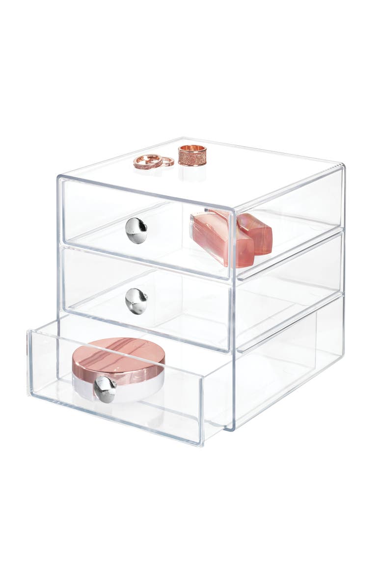 Stackable 3-Drawer Vanity Makeup Organizer - Clear, Main, color, Clear
