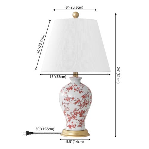 Jonathan Y Grace French Country Cottage Ceramic/iron Floral Urn Led Table Lamp In White/red