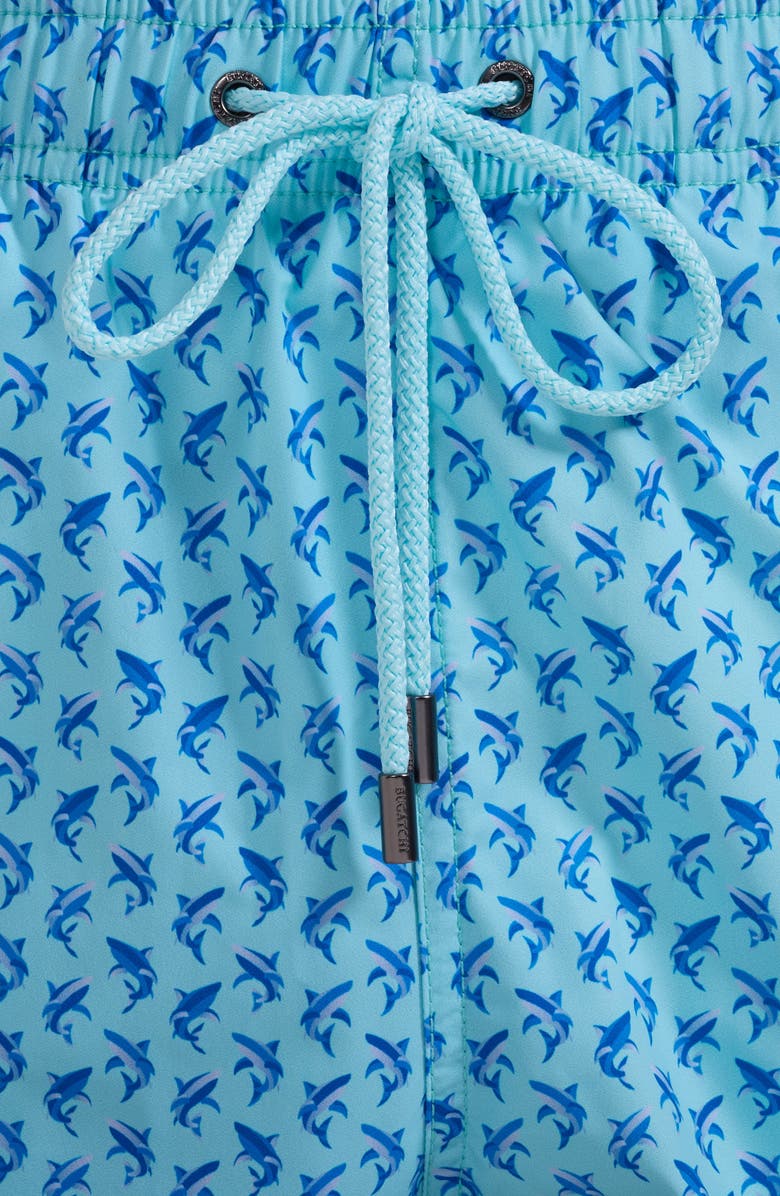 Bugatchi Kai Dolphin Print Swim Trunks, Alternate, color, Aqua