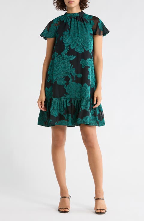 Floral Short Sleeve Tie Back Trapeze Dress