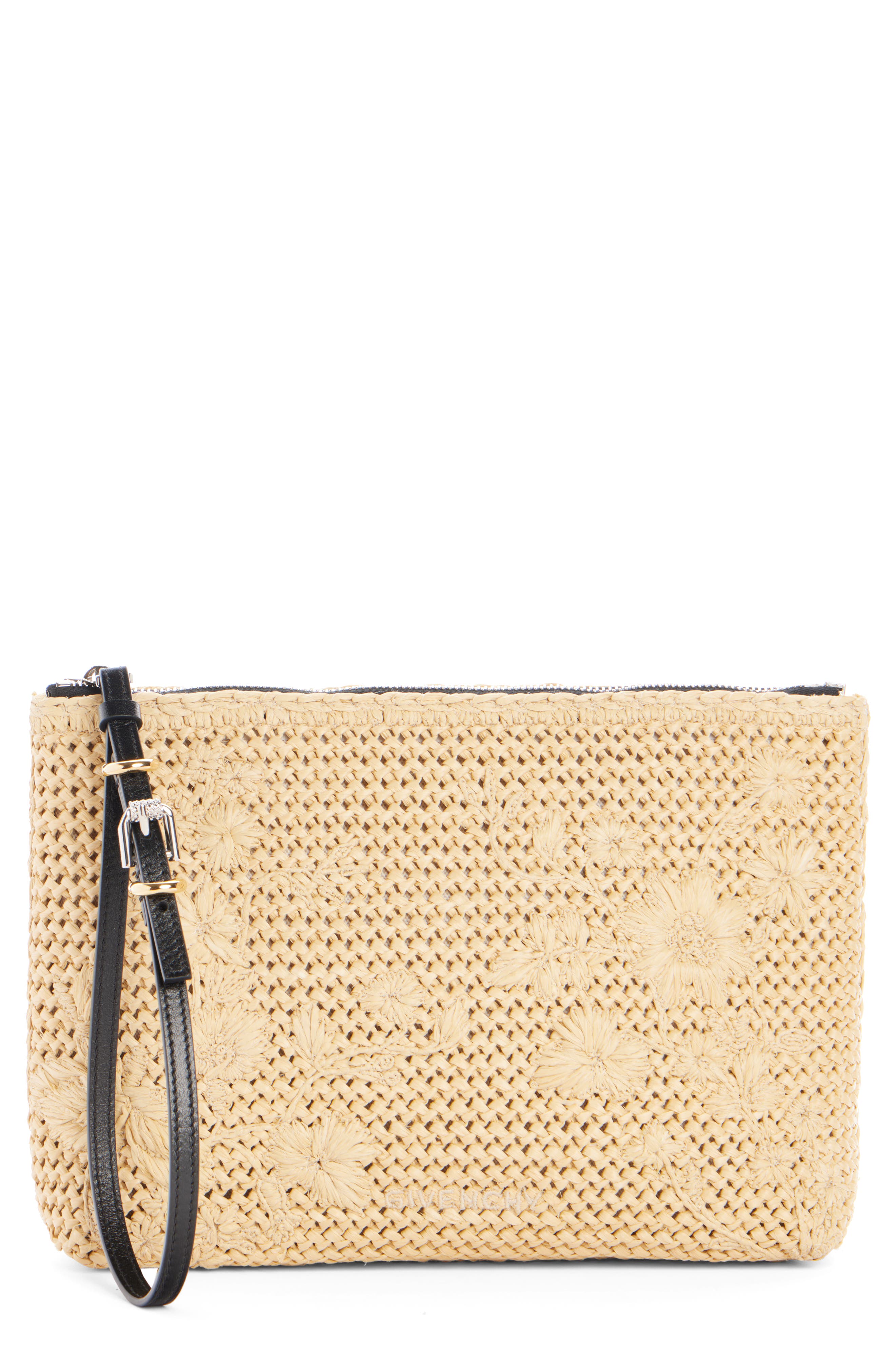 Givenchy Voyou Floral Embroidered Raffia Zip Pouch, Main, color, 