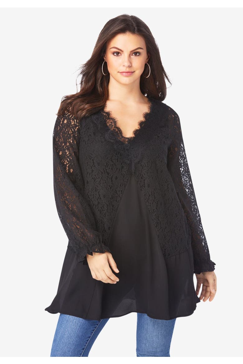 Lace & Georgette Swing Tunic, Alternate, color, BLACK