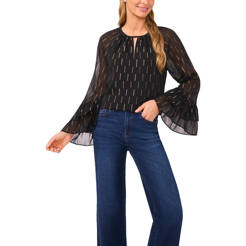 Cece Metallic Clip Dot Tiered Sleeve Top In Black