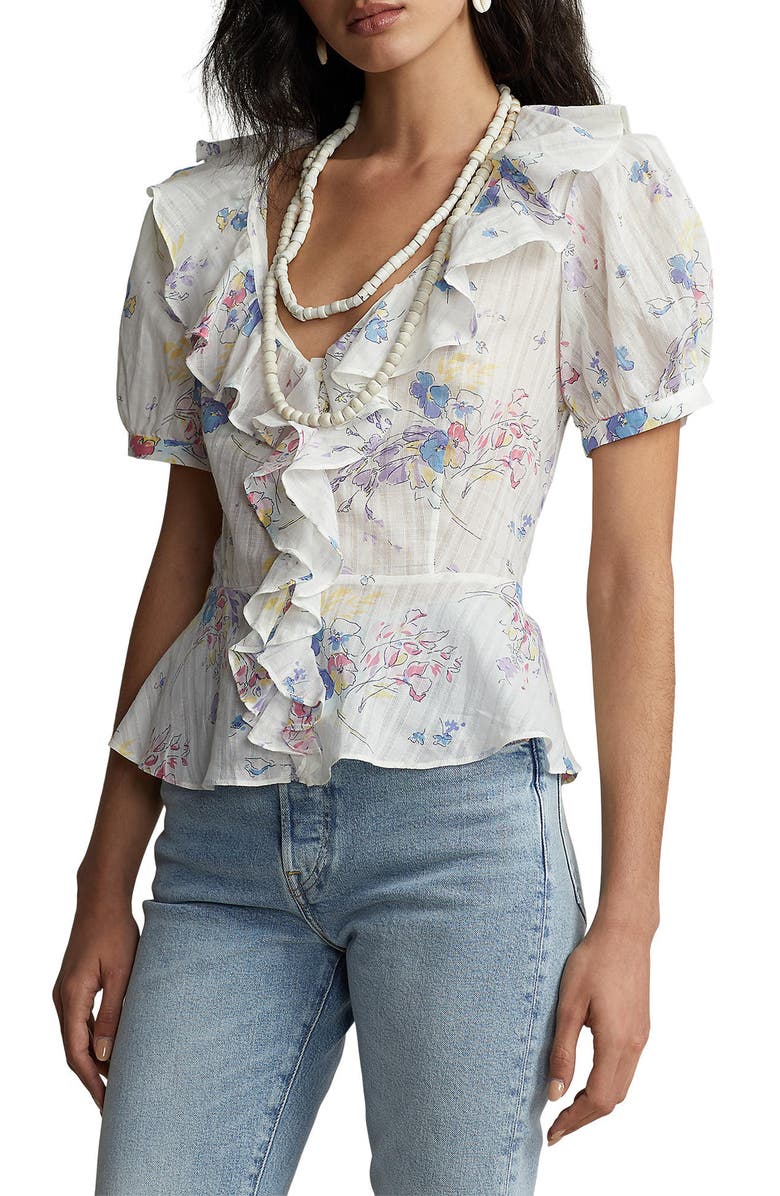 Polo Ralph Lauren Ryle Ruffle Puff Sleeve Cotton Button-Up Shirt, Main, color, 