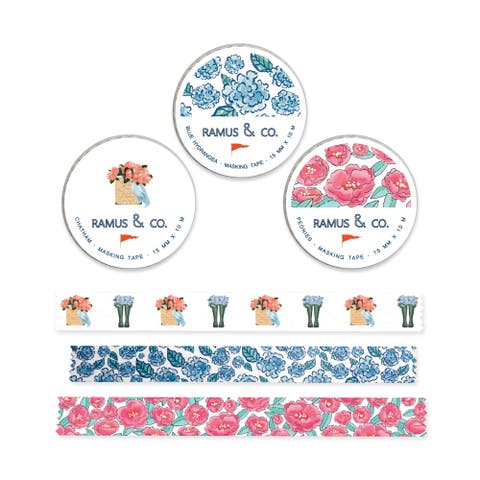 Illustrated Masking Tape - 3ct Rolls, Assorted Rolls (Chatham + Hydrangeas + Peonies)