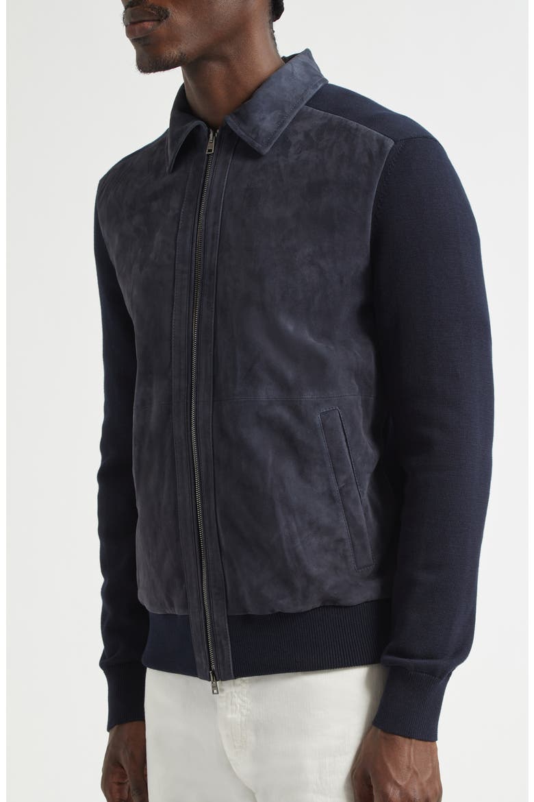 Suede & Knit Bomber Jacket, Alternate, color, NAVY