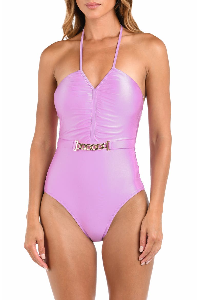 Leila Belted Halter One-Piece Swimsuit, Main, color, LIGHT VIOLET