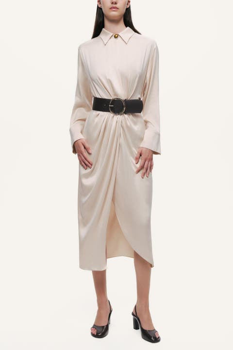 Belted Draped Shirt-Collar Maxi Dress