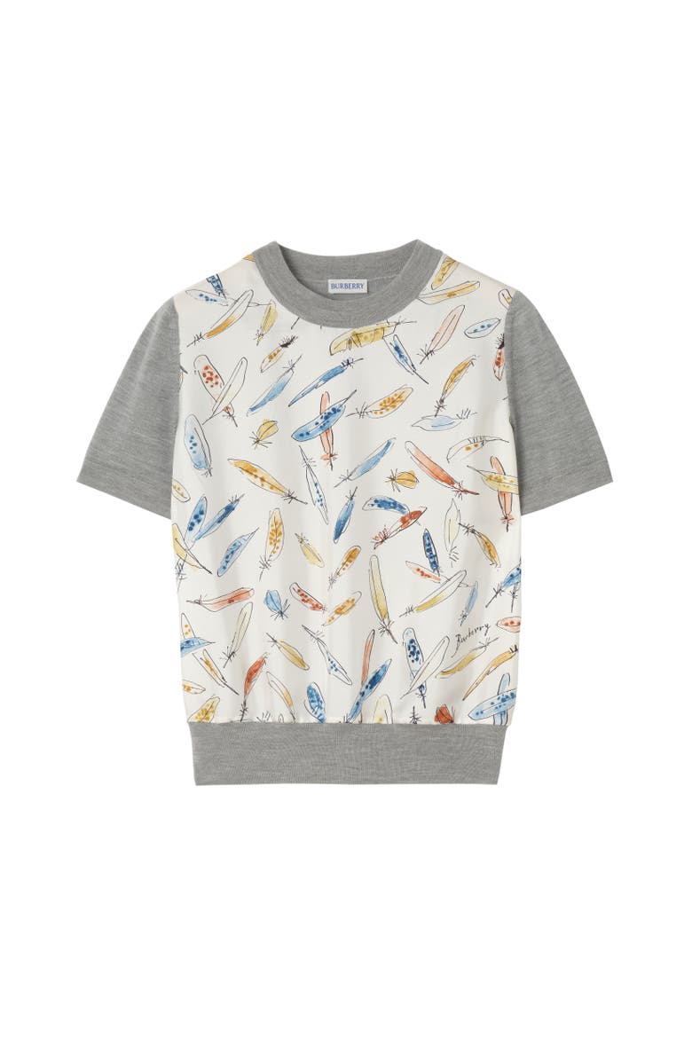 Feather Print Panel Wool Silk T-shirt, Alternate, color, Pale grey