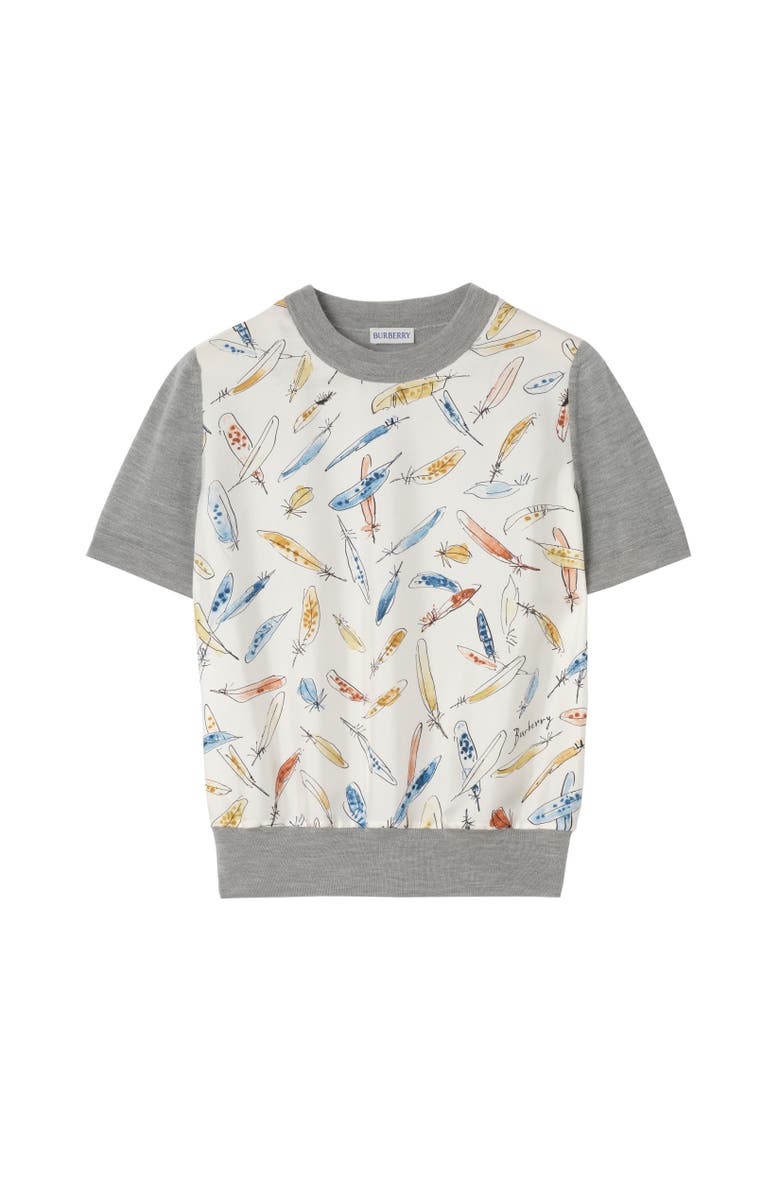 Burberry Feather Print Panel Wool Silk T-shirt, Alternate, color, Pale Grey