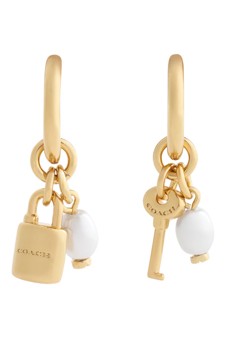 Lock & Key Faux Pearl Huggie Hoop Drop Earrings, Main, color, PEARL/ GOLD
