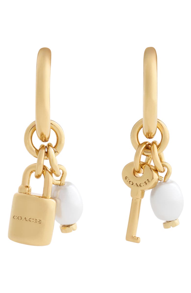 COACH Lock & Key Faux Pearl Huggie Hoop Drop Earrings, Main, color, Pearl/ Gold