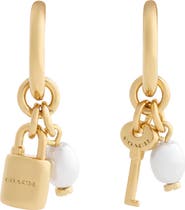 COACH Lock & Key Faux Pearl Huggie Hoop Drop Earrings