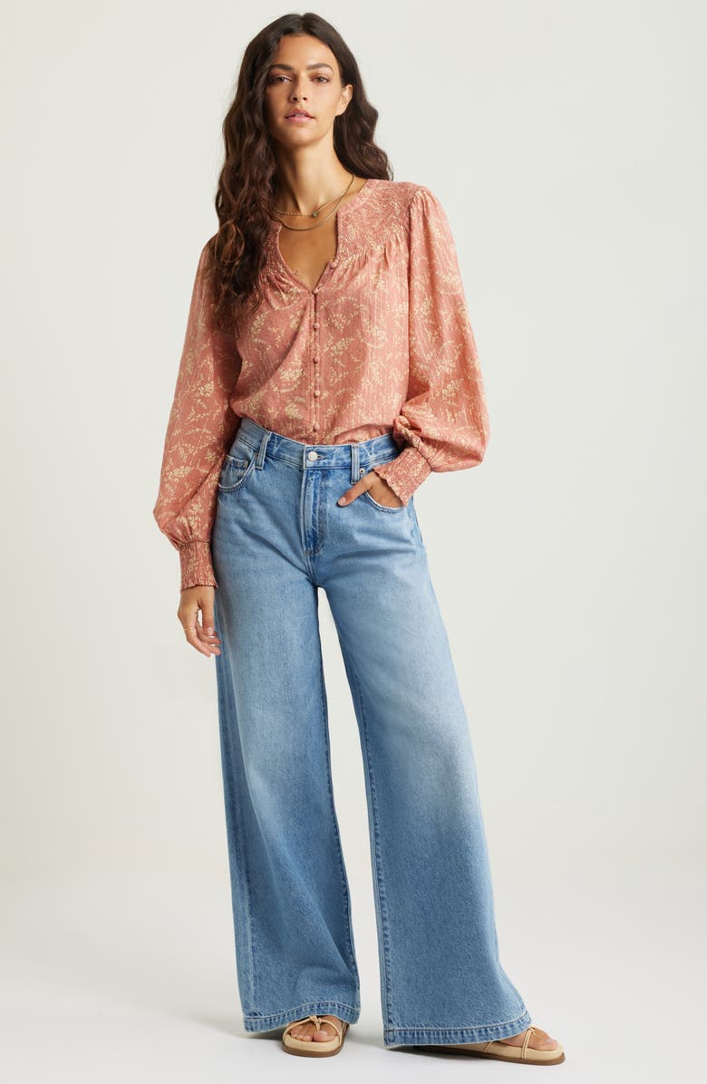 Print Smocked Yoke Button-Up Shirt