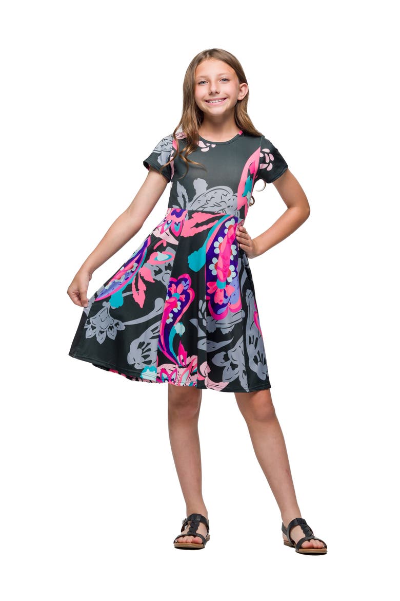 Black and Pink Paisley Fit and Flare Knee Length Dress, Main, color, Black Multi