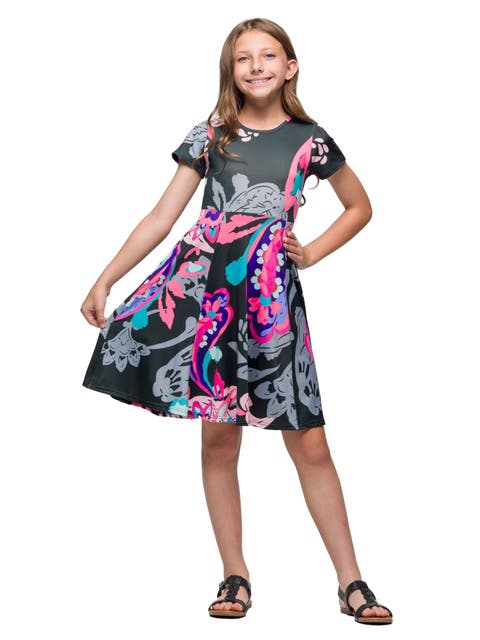 Black and Pink Paisley Fit and Flare Knee Length Dress