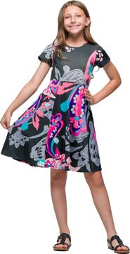 24sevenKid Black and Pink Paisley Fit and Flare Knee Length Dress