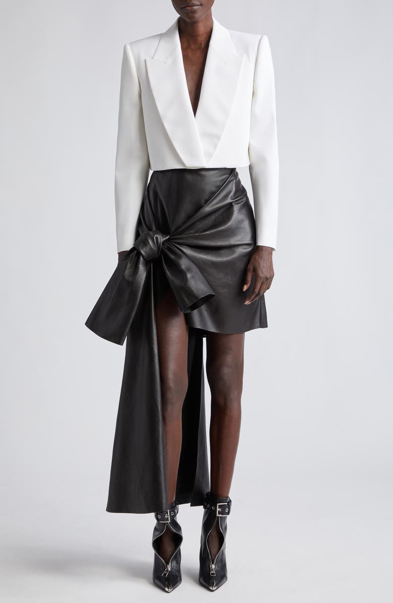 McQueen Knot Drape Lambskin Leather Miniskirt, Alternate, color, 