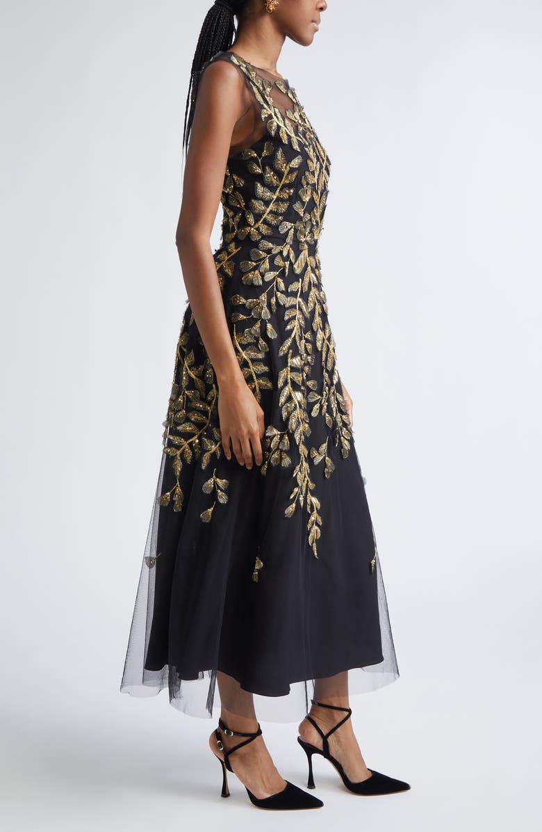 Carolina Herrera Metallic Leaf Embroidered Tulle Gown, Alternate, color, Black/ Gold