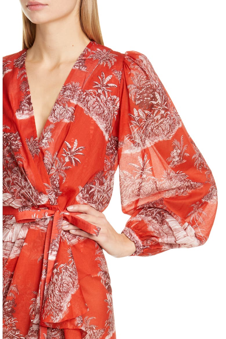 Toile Palm Print Long Sleeve Cover-Up Wrap, Alternate, color, CHILI PEPPER/ SANGRIA