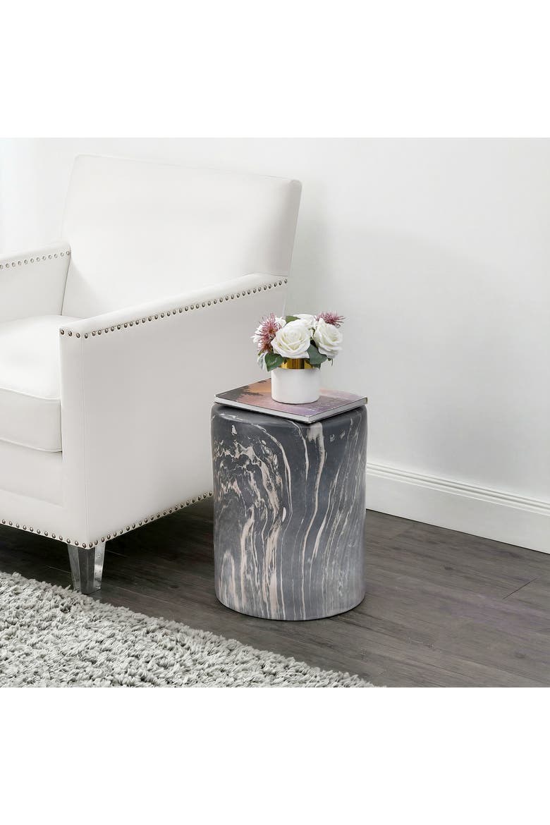 Troy Modern Faux Marble Cylinder Accent Table, Round Pedestal End Table & Decorative Indoor Stool for Living Room, Alternate, color, Black Marble Finish