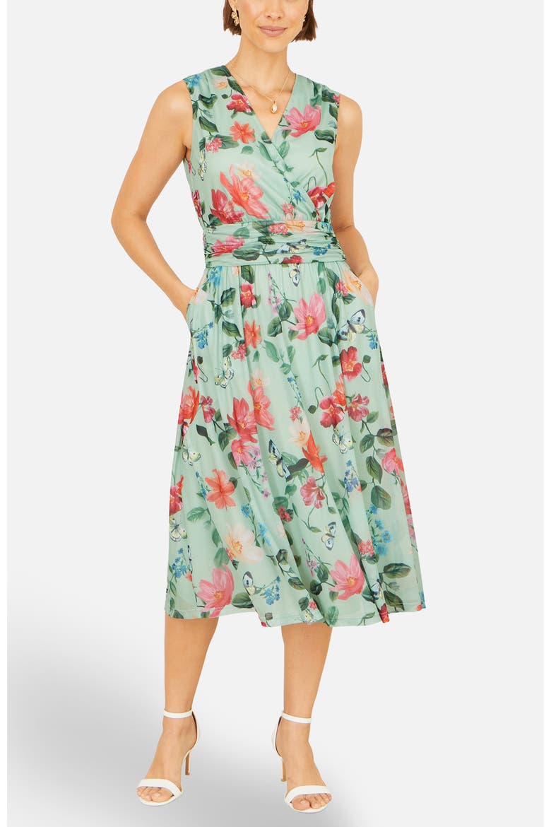 Floral Print Mesh Stretch Midi Dress, Alternate, color, Mint Green