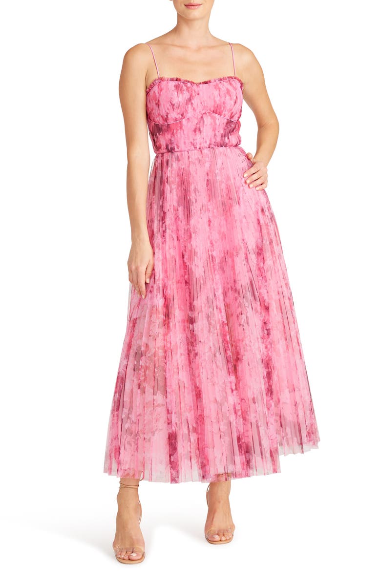 ML Monique Lhuillier Floral Pleated Tulle Gown, Main, color,